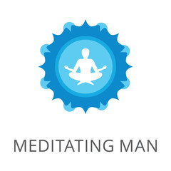 Man meditating in lotus pose in circle sign flat vector icon. Cartoon drawing or illustration of balance, mindfulness or wellness symbol on white background. Wellness, spirituality, meditation concept