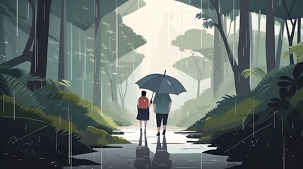 Anime Couples Walking Together in a Scenic Rainy Season Nature.