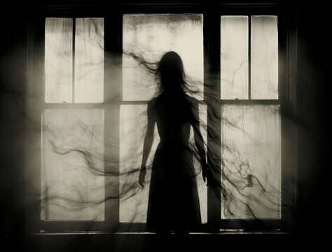 AI-generated haunted Halloween photo. An enchanting yet melancholic scene of a solitary female ghost. Halloween spirit. Eerie Hallowen celebration photos.