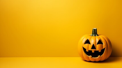 Happy Halloween pumpkin jack-o-lantern on a yellow background with copy space for text
