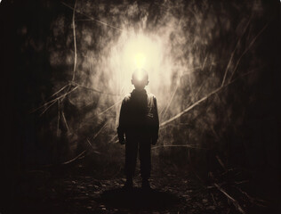 Obraz premium AI-generated haunted Halloween photo. It is an enchanting melancholic scene of a solitary boy ghost. Halloween spirit. Eerie Hallowen celebration photos.