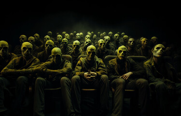 AI-generated haunted Halloween macabre photo. A bunch of creepy zombies seating in the movie theatre. Halloween spirit. Eerie Halloween celebration photos. - obrazy, fototapety, plakaty