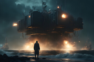 Obraz premium A person standing in front of the dark night sea. apocalypse. Generative AI