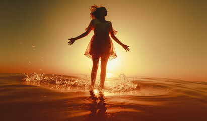 An AI-generated sunset photo of a woman standing on the open ocean. Celebration of a spirit of freedom. Boundless, unrestrained grace. Empowering essence of the breathtaking energy liberation.