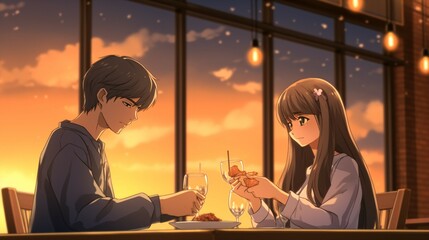 Anime Couple in  Romantic Dinner Date.