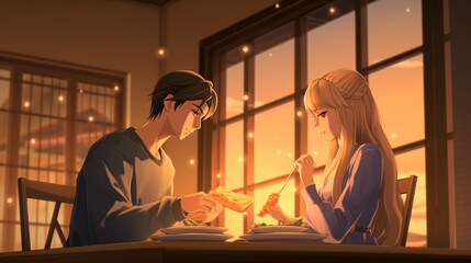 Anime Couple in  Romantic Dinner Date.