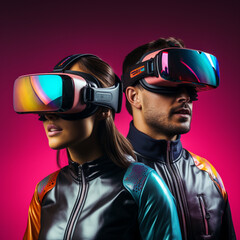 Homme et femme casque de réalité virtuelle, généré par IA - obrazy, fototapety, plakaty