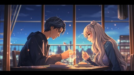 Anime Couple Sharing a Romantic Dinner - Love and Affection in Asian Style.