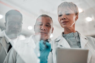 Tablet, doctor and a woman writing and planning ideas on glass board in hospital with collaboration. Medical staff, people or team with tech for healthcare strategy, brainstorming or science meeting