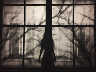 AI-generated haunted Halloween photo. An enchanting yet melancholic scene of a solitary female ghost. Halloween spirit. Eerie Hallowen celebration photos.