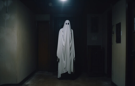 AI-generated photo of the Halloween solitary ghost. An enchanting yet melancholic scene invites you to embrace. Halloween spirit. Eerie hallowen celebration photos.