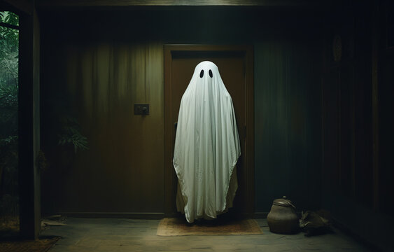 AI-generated photo of the Halloween solitary ghost. An enchanting yet melancholic scene invites you to embrace. Halloween spirit. Eerie hallowen celebration photos. 