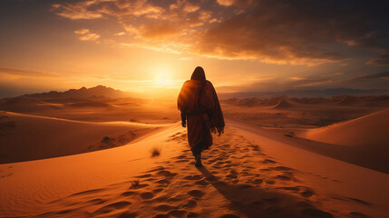 man walking in the desert sand dunes at sunset. AI Generative