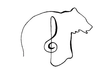 Creative modern logo in line art style. Isolated black and white cartoon image of a brutal bear and a musical harmonic key. Decorative linear digital illustration. Cozy wallpaper with harmony symbol.