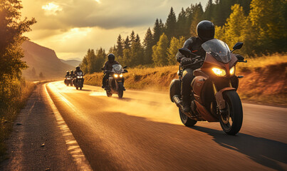 Sunset convoy: Group of motorcyclists embracing the road's allure.