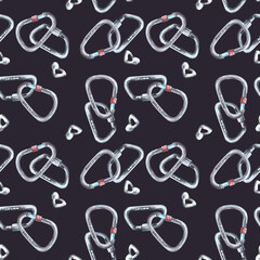 Metal sport grey climbing carabiner seamless pattern. Isolated on a dark background Hand drawn illustration Boulder equipments Repeating design for wrapping paper, wallpaper, textiles packaging print.