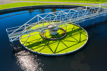Sewage treatment plant from above. Grey water recycling. Waste management theme. Ecology and environment in European Union.	