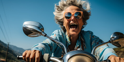 Fototapeta na wymiar Retired and Radiant: Granny Rides Blue Scooter Through Italy's Scenic Roads