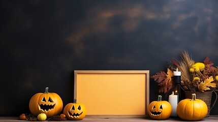 Happy Halloween pumpkin jack-o-lantern frame on a dark background with copy space for text