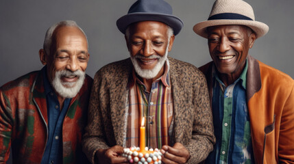 A studio portrait captures senior men's birthday joy with a cake. Generative AI