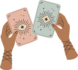 hands holding tarot cards, png transparent background	
