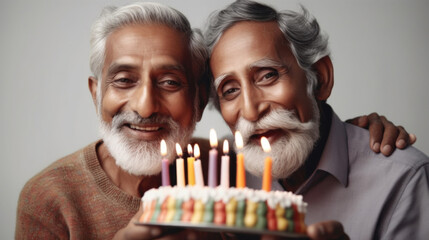 Birthday festivities unfold as senior men pose with cake in a studio. Generative A
