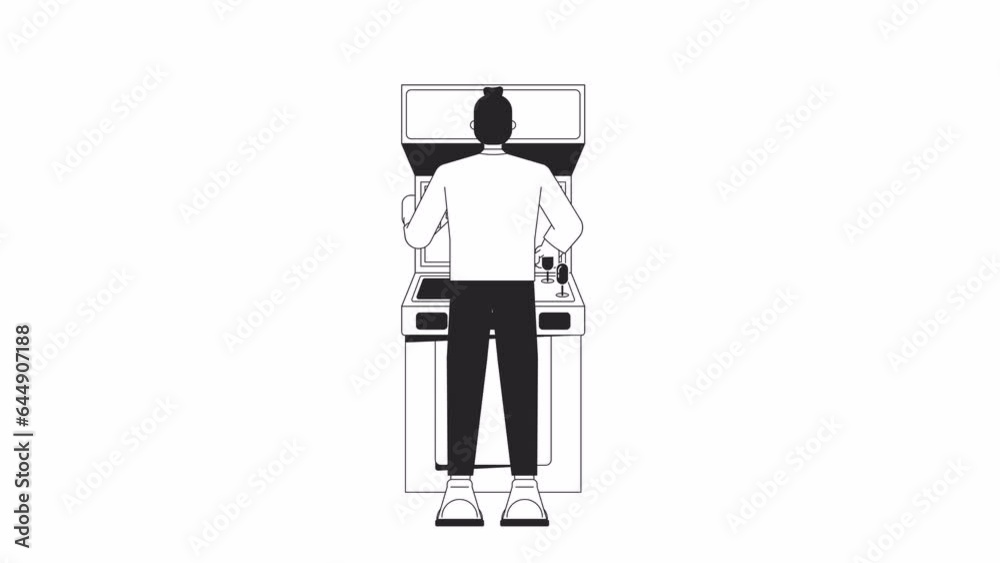 Poster man playing arcade game on machine bw outline 2d character animation. 80s nostalgic monochrome linea