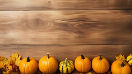 Happy Halloween pumpkin jack-o-lantern on a wooden background with copy space for text