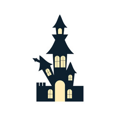 ancient dark castle. vector of scary high palace with yellow windows