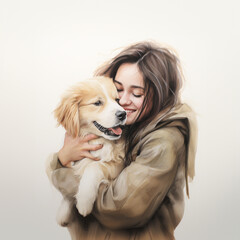 Pet owner. A young woman hugs a puppy. Watercolor illustration.