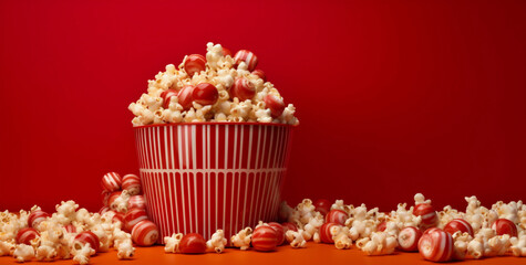 box bucket corn film cinema fun background blue red popcorn food. Generative AI.