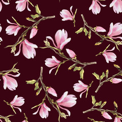 Magnolia pink flower bough seamless pattern. Watercolor hand drawn Illustration isolated on dark background. Floral repeating design for your print, textile, wrapping wallpaper cover, carpets, fabrics