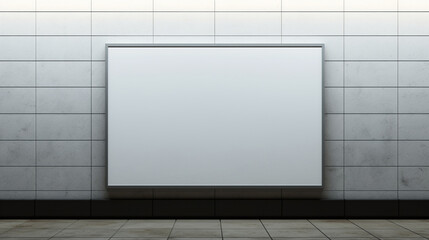 A clean white screen mockup integrated into the architecture of a subway station, blank screen mockup