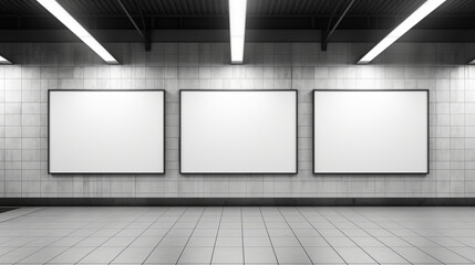 A clean white screen mockup integrated into the architecture of a subway station, blank screen mockup