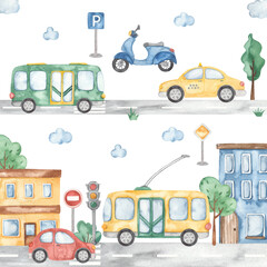 City transport, cars, houses, invitation, boy's birthday Watercolor banner template 