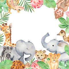 African animals for kids birthday, invitations, template Watercolor frame banner 