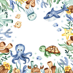 Frame banner with underwater animals, corals, algae for cards and invitations Watercolor 