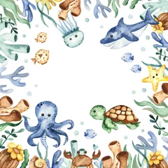 Fotobehang Frame banner with underwater animals, corals, algae for cards and invitations Watercolor  © MarinaErmakova
