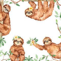Cute sloths, twigs, flowers for cards and invitations Watercolor frame banner 