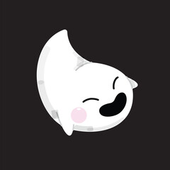 Cute cartoon ghost character isolated on black. Halloween symbol. Spooky logo.