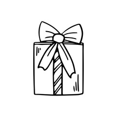 Gift Box in doodle style on a white background. Festive concept. Hand drawn vector outline sketch icon..