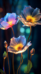 a glowing flowers with bright lights on them on a dark background