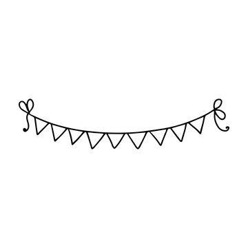 recommend clip art: Triangle flags on a string  in doodle style on a white background. Festive concept. Hand drawn vector outline sketch icon..