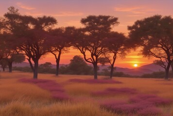 A purple sunset in the forest and mountains.