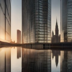 Naklejka premium A symmetrical reflection of a city skyline in a calm, glassy lake1