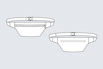 Waist bag vector template isolated on white. Apparel models sketch set. Outline for fashion clothes design. Front and back view.