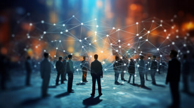 View of a crowd with a network of connections. Big data, smart city, wifi concept.