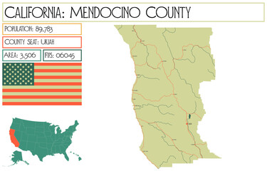 Large and detailed map of Mendocino County in California, USA.