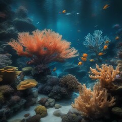 Fototapeta na wymiar A surreal underwater scene with bioluminescent creatures and coral reefs3