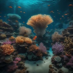 Fototapeta na wymiar A surreal underwater scene with bioluminescent creatures and coral reefs1